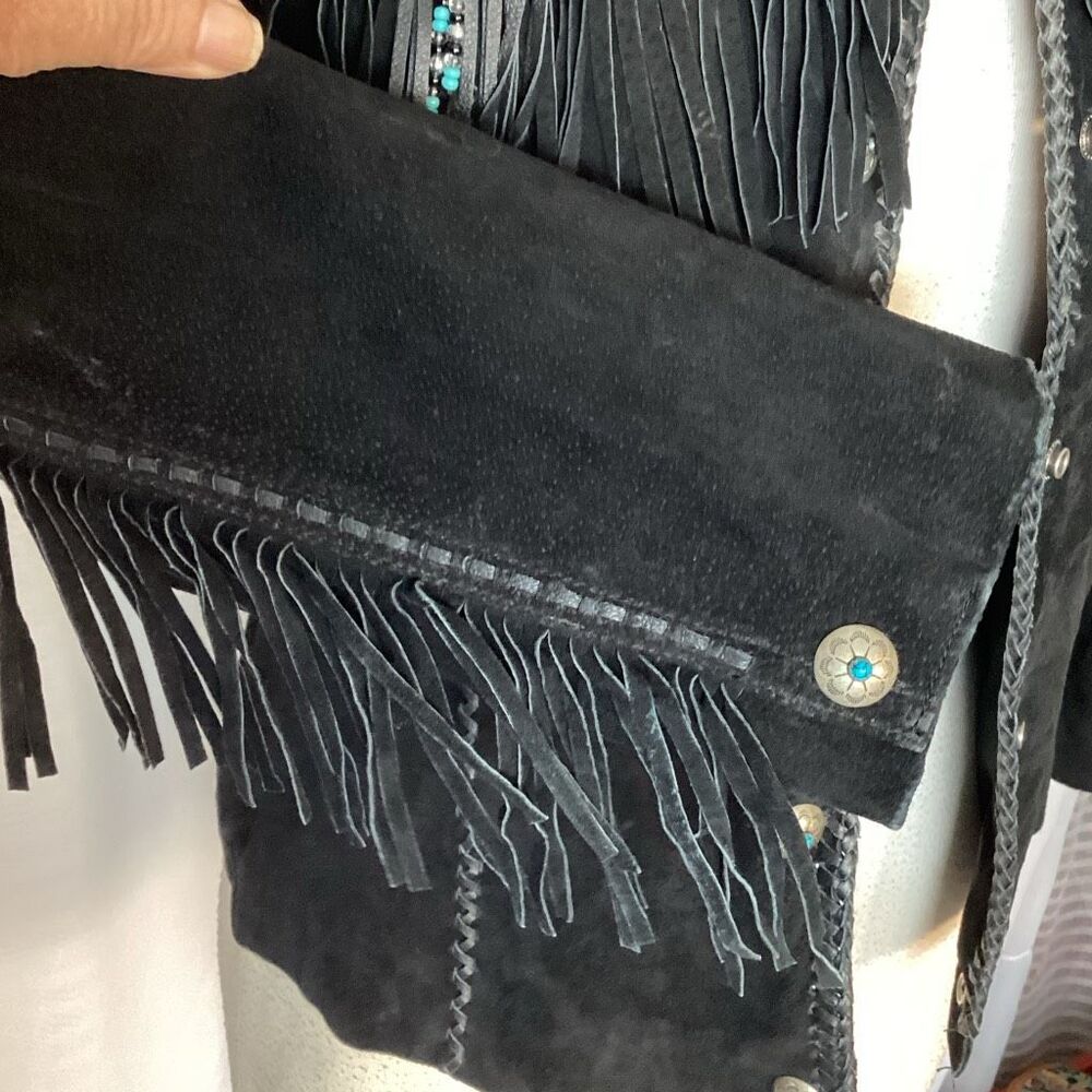 Scully Black Suede Leather Western Jacket Beaded Fringe Women’s Medium - Picture 7 of 14